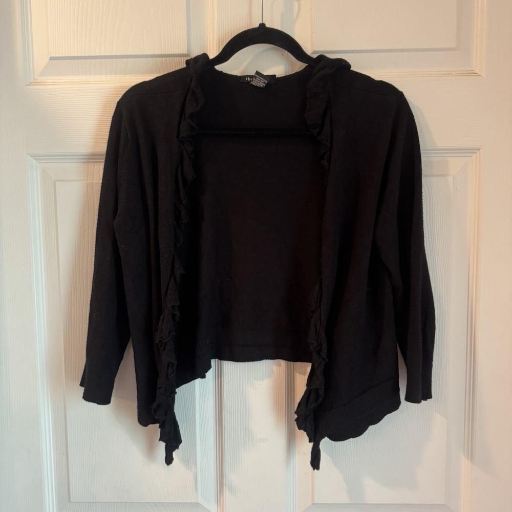 Thesis Cardigan Sweater Jacket Women Size S‎ Black Lightweight Rayon Ruffle